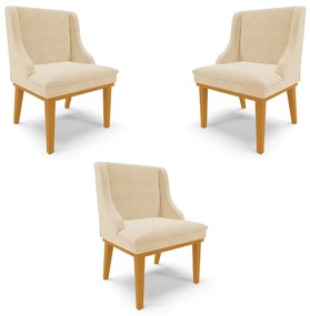 Kit 3 Cadeiras Decorativas Sala de Jantar Base Fixa de Madeira Firenze Suede Bege/Castanho G19 - Gran Belo