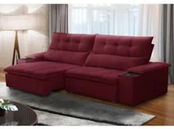 Sofá Retrátil 3 Lugares com Porta Copo 230cm Malta F05 Veludo Bordô -
