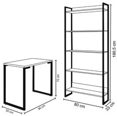 Conjunto Escritório Mesa Escrivaninha 90cm e Estante 5 Prateleiras Est