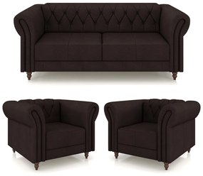 Conjunto Sala de Estar 1 Sofá Living 220cm e 2 Poltronas Stanford Chesterfield Pés Madeira Couro Marrom G58 - Gran Belo