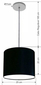 Luminária Pendente Vivare Free Lux Md-4107 Cúpula em Tecido - Preta - Canopla cinza e fio transparente