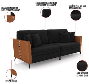 Sofá 3 Lugares Living 222cm Mondaí Sintético Nozes/Veludo Preto K01 - D'Rossi