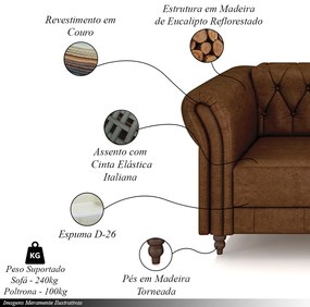 Conjunto Sala de Estar 1 Sofá Living 260cm e 2 Poltronas Stanford Chesterfield Pés Madeira Couro Marrom Manchado G58 - Gran Belo