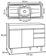 Balcão Gabinete com Pia Inox 120cm Michigan Preto - Lumil