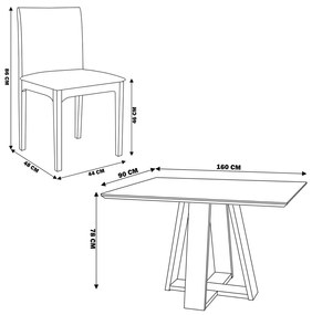 Conjunto Mesa Shell com Tampo de Vidro 160x90 cm e 6 Cadeiras Steve Amêndoa G55 - Gran Belo