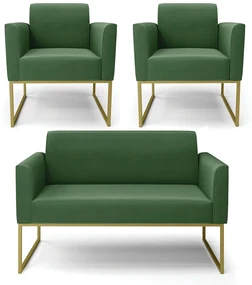 Sofá Namoradeira com 2 Poltronas Base Industrial Dourado Marisa Suede Verde D03 - D'Rossi
