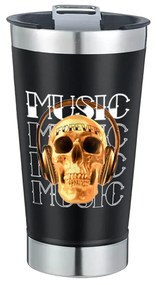 Copo Térmico Skull Music Forever Cerveja Café em Inox Com Tampa e Abridor Chopp