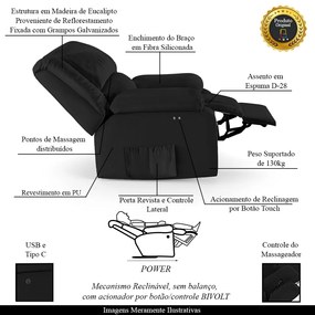 Poltrona do Papai Reclinável Melim Power Touch Massagem PU Preto F FH1 - D'Rossi