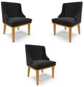 Kit 3 Cadeiras Decorativas Sala de Jantar Base Fixa de Madeira Firenze Suede Preto/Castanho G19 - Gran Belo