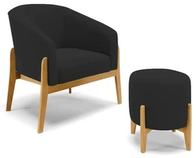 Poltrona com Puff Base de Madeira Stella Veludo D03 - D'Rossi - Preto