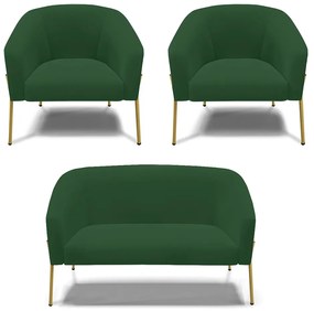 Namoradeira e 2 Poltronas Pé de Ferro Dourado Stella Veludo Verde D03 - D'Rossi