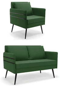 Kit 01 Namoradeira 02 Lugares e 01 Poltrona Mari Suede Verde Pés Palito de Ferro - D'Rossi