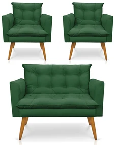 Kit 1 Sofá Namoradeira e 2 Poltronas Tais Suede Verde Pés Palito Castanho - D'Rossi