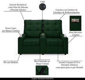 Poltrona Reclinável Para Cinema Parma 2 Lugares Baú USB Veludo Verde FH1 - D'Rossi