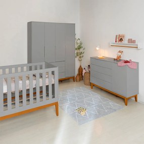 Kit Quarto Infantil com Pés Square Mel - Cômoda Elfe 4 Gavetas e 1 Porta + Guarda-Roupa Elfe + Berço Mini Cama Noah - Cinza Fosco