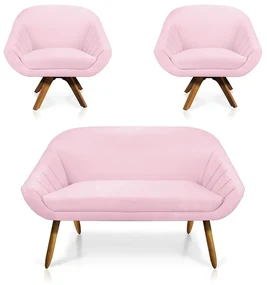 Kit 01 Namoradeira 02 Lugares e 02 Poltronas Giratória Giovana Suede Base Madeira MM30 - D'Rossi - Rosa Bebê