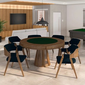 Conjunto Mesa de Jogos Carteado Bellagio Tampo Reversível e 6 Cadeiras Madeira Poker Base Cone Veludo Azul Marinho/Nogueira G42 - Gran Belo