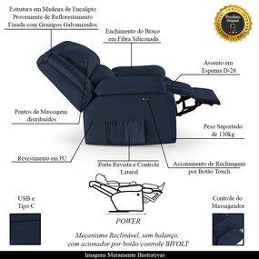 Poltrona do Papai Reclinável Melim Power Touch Massagem PU Azul FH1 - D'Rossi