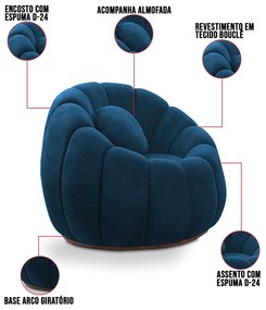 Sofá 2 Lugares com Puff e Poltrona Giratória Orgânica Cloud Bouclê E03 - D'Rossi - Azul Marinho