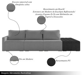 Sofá Ilha Modulado Milos 312cm Puff Lateral Cinza Escuro Preto Manchado Bouclê/PU G33 - Gran Belo