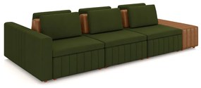 Sofá Ilha com Encosto e Almofadas Móveis Olimpo 365cm Modulado Linho/PU Verde/Caramelo G45 - Gran Belo