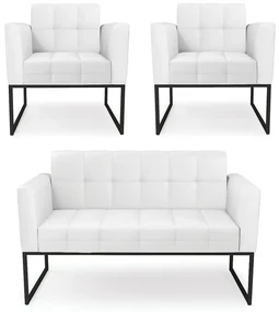 Kit 1 Sofá Namoradeira e 2 Poltronas Elisa Corino Base Metálica Industrial Preto - D'Rossi - Branco