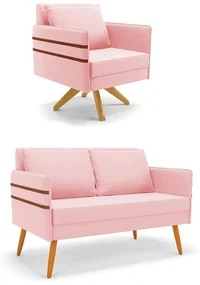 Kit 01 Namoradeira 02 Lugares e 01 Poltrona Mari Suede Base de Madeira MA30 - D'Rossi - Rosa Bebê