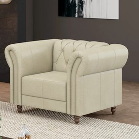 Poltrona Decorativa Sala de Estar Stanford Chesterfield Pés de Madeira Couro Off White G58 - Gran Belo