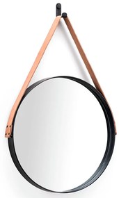 Espelho Redondo 50 cm Adnet Preto Escandinavo com Alça de Couro Caramelo D'Rossi