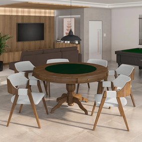 Conjunto Mesa de Jogos Carteado Bellagio Tampo Reversível Verde e 6 Cadeiras Madeira Poker Base Estrela Linho Cinza/Nogueira G42 - Gran Belo