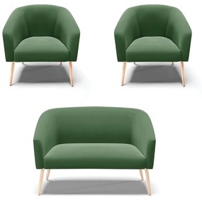 Namoradeira e 2 Poltronas Pé Palito Natural Stella Suede Verde D03 - D'Rossi