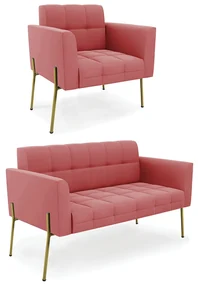 Sofá Namoradeira e Poltrona Pé de Ferro Dourado Elisa Suede D03 - D'Rossi - Rose