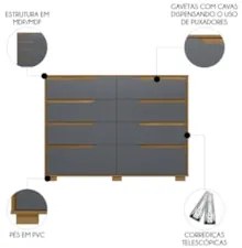 Cômoda Para Quarto 8 Gavetas 147cm Parma M07 Freijó/Cinza - Mpozenato