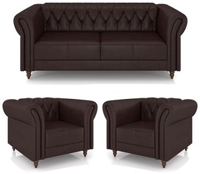 Conjunto Sala de Estar 1 Sofá Living 220cm e 2 Poltronas Stanford Chesterfield Pés Madeira Couro Wine Vinho G58 - Gran Belo