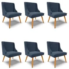Kit 6 Cadeiras Estofadas para Sala de Jantar Pés Palito Lia Suede Azul