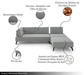 Sofá de Canto Modulado 322cm Sabrina Pés em Aço com Puff Veludo Cinza G52 - Gran Belo