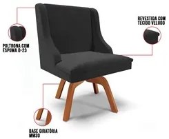 Kit 10 Cadeiras Estofadas Base Giratória de Madeira Lia Veludo Preto -