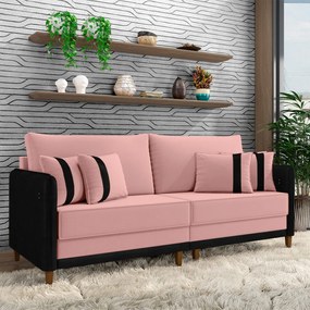 Sofá Living Montecarlo 2 Lugares Bipartido 212cm Pés em Madeira Veludo/PU Rosê/Preto G33 - Gran Belo