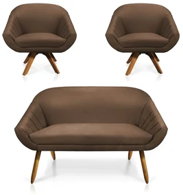 Kit 01 Namoradeira 02 Lugares e 02 Poltronas GiratĂłria Giovana Suede Marrom Base Madeira MM30 - D'Rossi