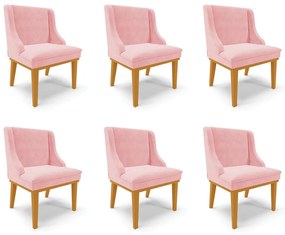Kit 6 Cadeiras Decorativas Sala de Jantar Base Fixa de Madeira Firenze Suede Rosa Bebê/Castanho G19 - Gran Belo