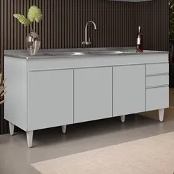 Balcão de Cozinha Com Pia Inox 180cm 4 Portas Dallas Cinza Claro - Lum