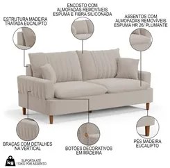 Sofá Living 3 Lugares 180cm com Almofadas Veras D05 Bouclê Bege - Mpoz