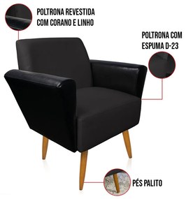 Poltrona Sala Estar Pé Palito Castanho Dora Sint PU Preto/Linho D01 - D'Rossi - Preto