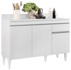 Balcão Gabinete 120cm Com Tampo 3 Portas 1 Gaveta Arizona Branco - Lum