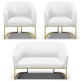 Namoradeira e 2 Poltronas Industrial Dourado Stella Sintético Branco D03 - D'Rossi