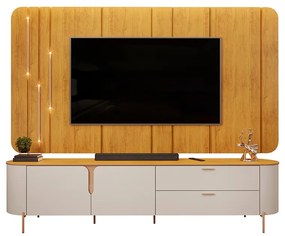 Painel com Bancada 241cm Avatar para TV Até 75 com LED e Detalhes Dourados Mel/Off White G18 - Gran Belo