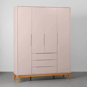 Guarda-Roupa Elfe 4 Portas e 3 Gavetas com Pés Square Mel - Rosa Fosco