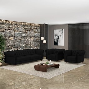 Conjunto Sala de Estar 1 Sofá Living 180cm e 2 Poltronas Stanford Chesterfield Pés Madeira Couro Preto G58 - Gran Belo