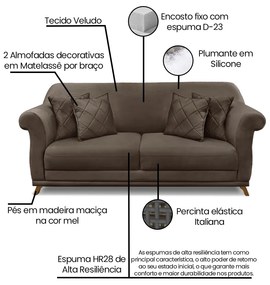 Sofá 2 Lugares Pé de Madeira Julieta 180 cm Veludo Marrom S04 - D'Rossi