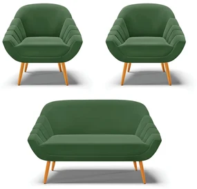 Kit 01 Namoradeira 02 Lugares e 02 Poltronas Giovana Suede Pés Palito Castanho - D'Rossi - Verde